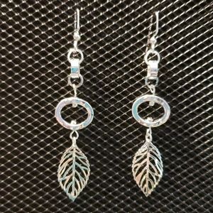 Silver oval and leaf earrings